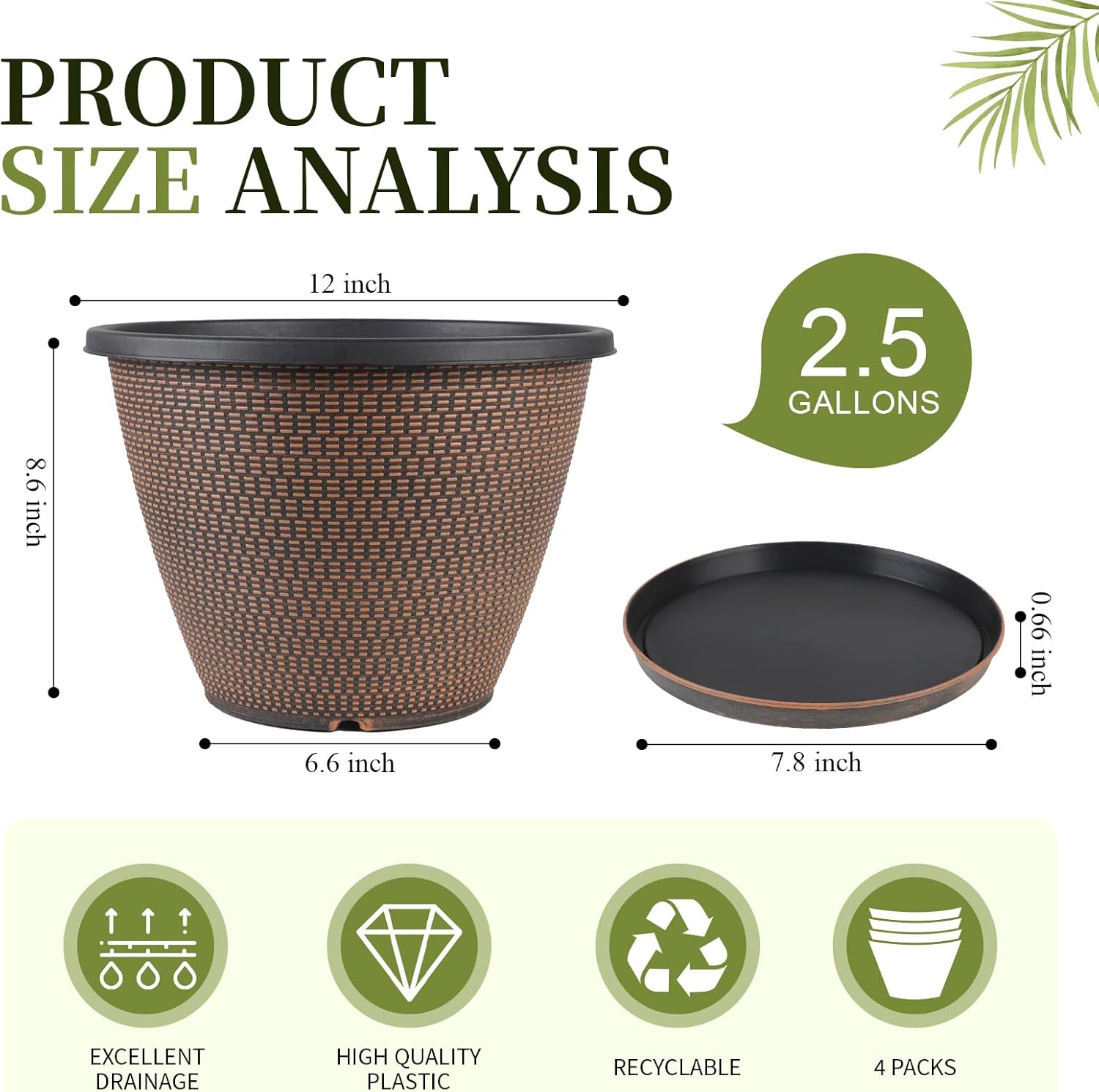 12 inch Pots for Plants, 4 Pack Large Outdoor Planter Pots with Saucers | Plastic Flower Pots for Indoor Plants with