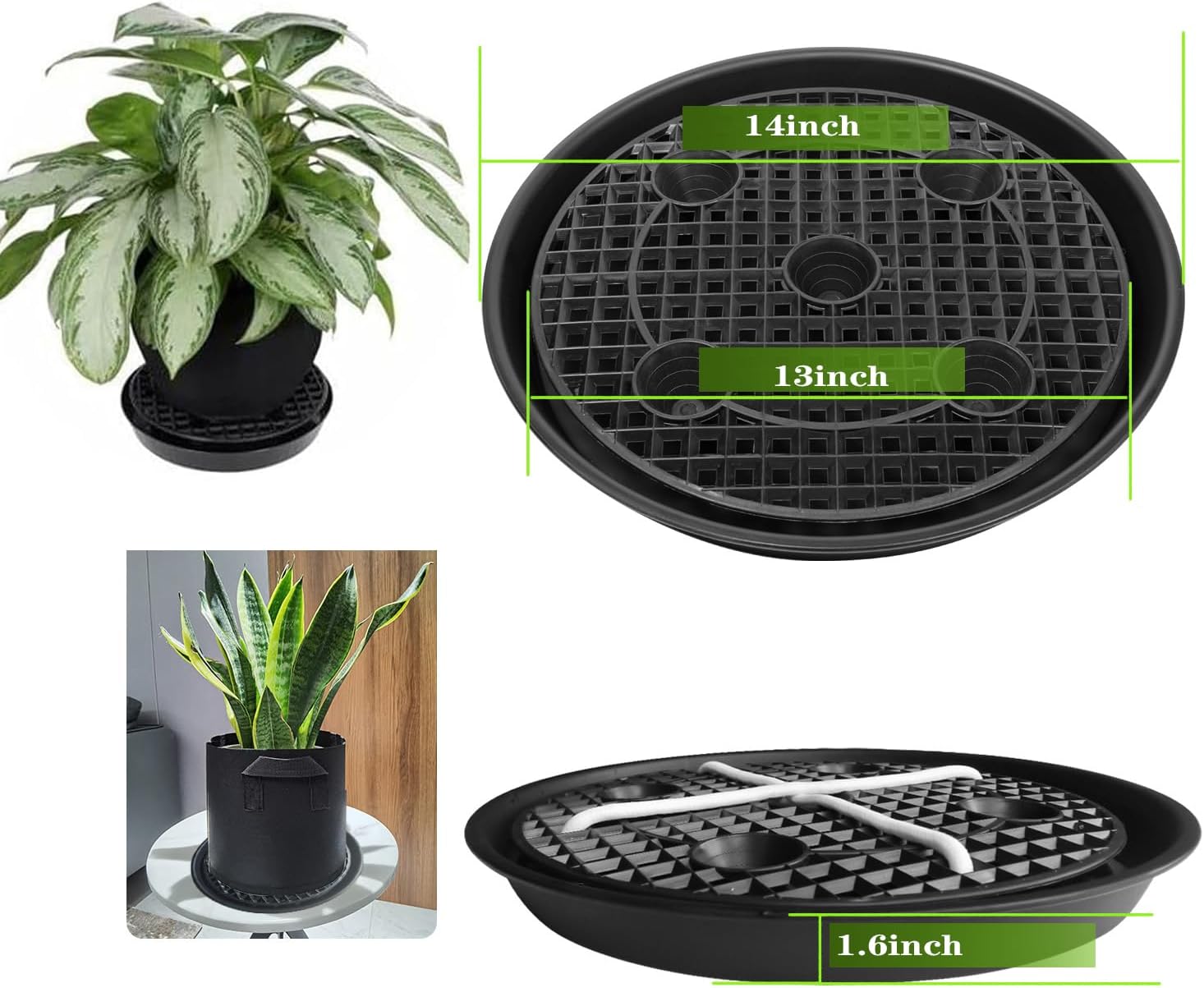 Plastic Plant Saucer Stand,4-Pack 14 inch, Elevated Plant Saucer Self-Watering Fabric Pot Base, Use Nonwoven Grow Bags