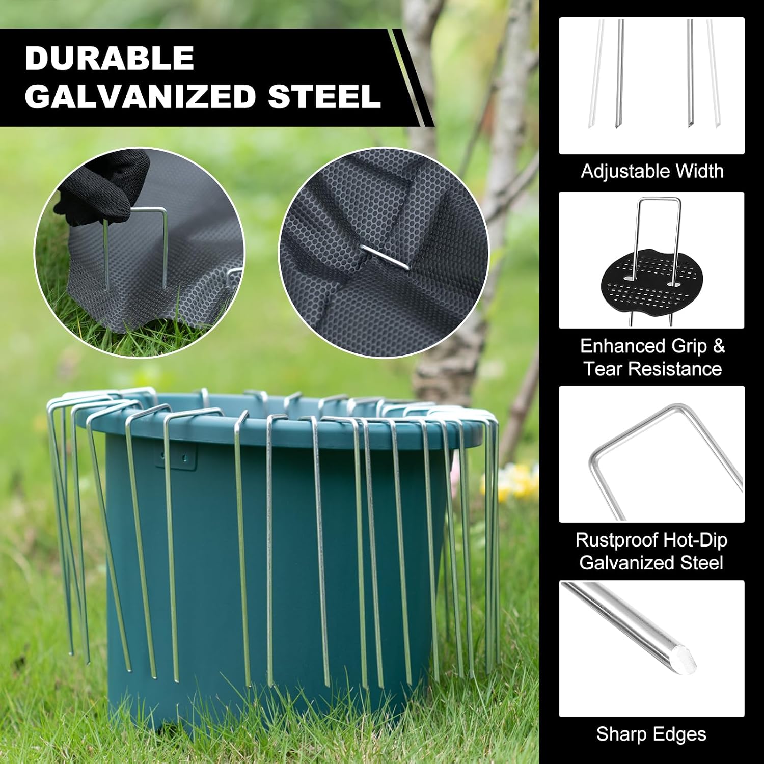 6 Inch Landscape Staples 220Pcs with Gaskets,Hammer,Pick Hook | 11 Gauge Galvanized Landscaping Staples Landscape Pins