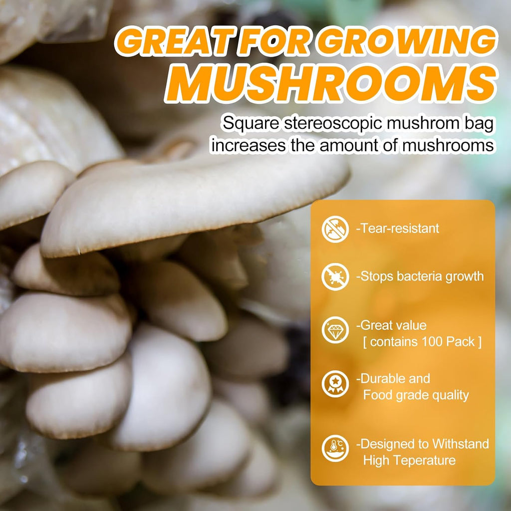 100PCS Mushroom Planting Kit - 8"5"20" Thickened Growing Bags, 6 Mil Thick Durable, Tear Resistant, 0.2 Micron Porosity