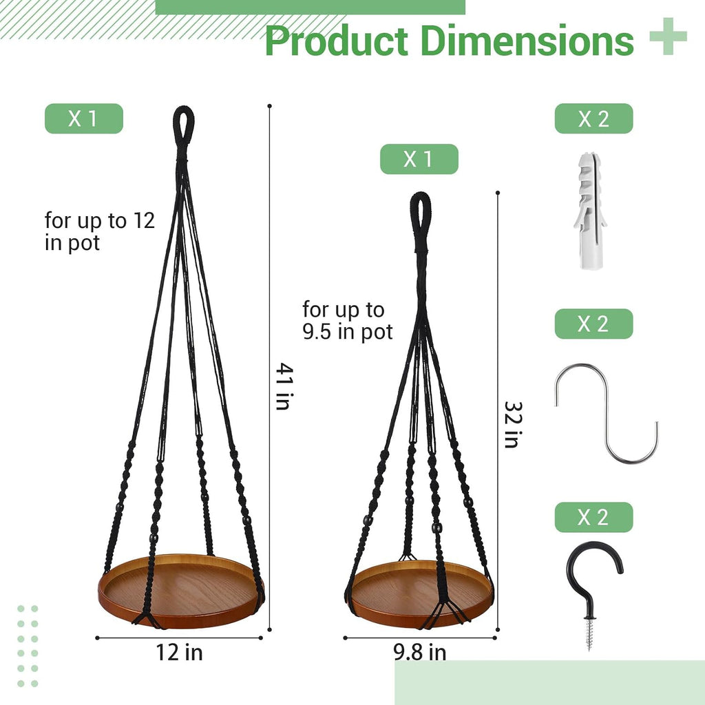 2 Pack Macrame Plant Hanger, 41'' & 32'' Plant Hanger Indoor Set with 12'' & 9.8'' Wood Trays, Bohemian Hanging Planter