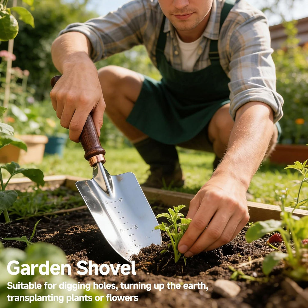 Garden Tools, 4 Pack Garden Shovel with Wooden Handles Hand Tools with Transplanting Hand Shovel, Rake and Root Picker