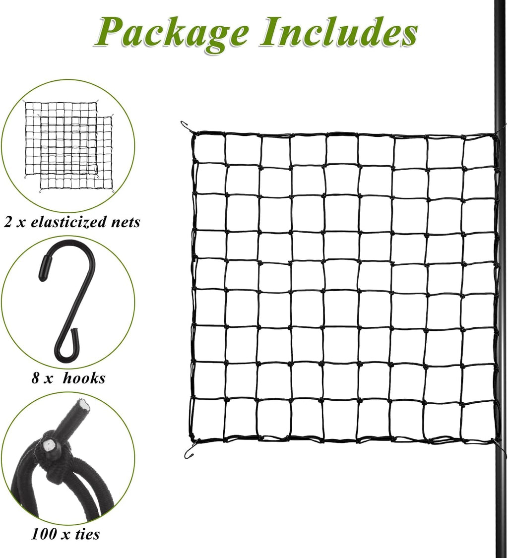 2 Pack 5x5 ft Elastic Trellis Netting for Grow Tent, Heavy Duty Plant Support Net with Steel Hooks and 100 Zip Ties