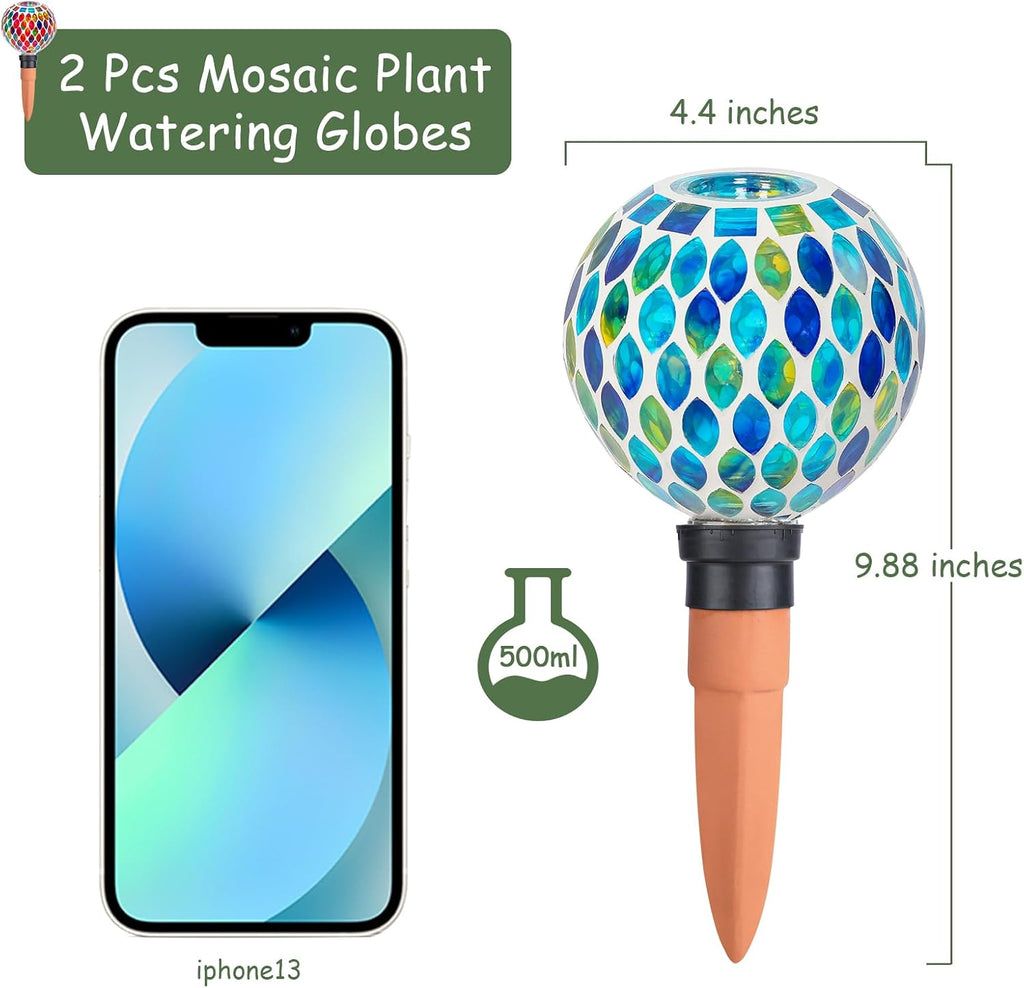Mosaic Plant Watering Globes 2 Pack Terracotta Watering Spikes | Self Watering Planter Insert Automatic Waterer Device