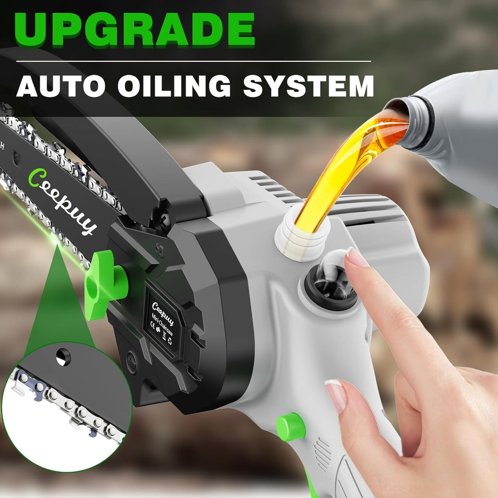 Mini Chainsaw Cordless 8 Inch with 2x 4000mAh Batteries, Portable Electric Chain Saw, Automatic Oiler, Battery Powered