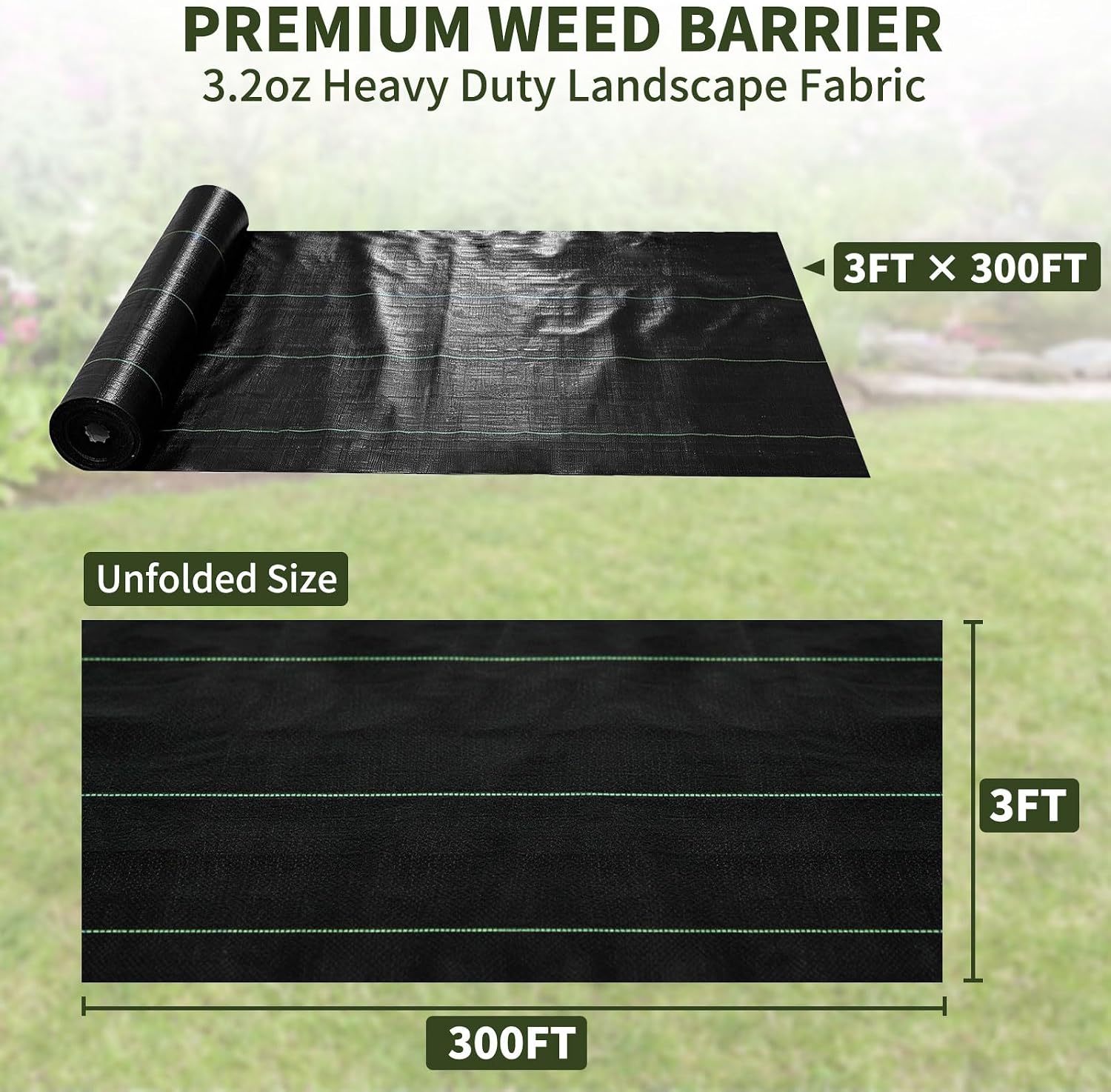 EXTRAEASY 3ft x 300ft Weed Barrier Fabric, Heavy Duty Landscape Fabric, 3.2oz Weed Control Fabric, Tear-Resistant Weed