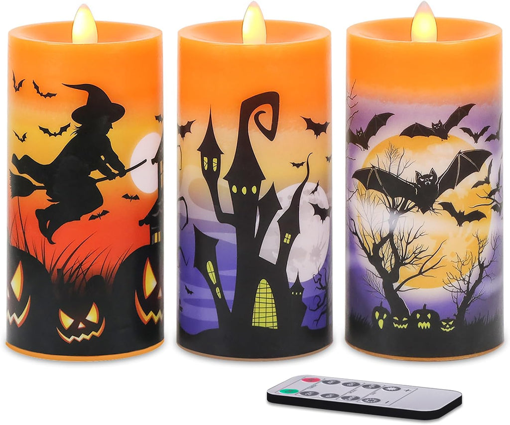 Halloween Flameless Pillar Candles Battery Operated Remote Timer