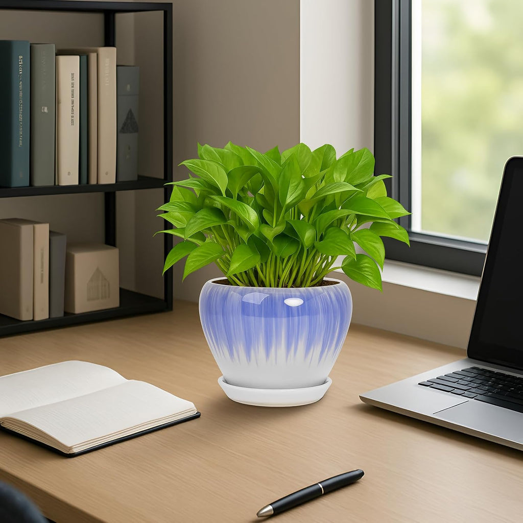 Deep Dream 6 Inch Plant Pots- Ceramic Planter Pot with Drainage Hole and Saucer, Round Flower Pot for Indoor Outdoor
