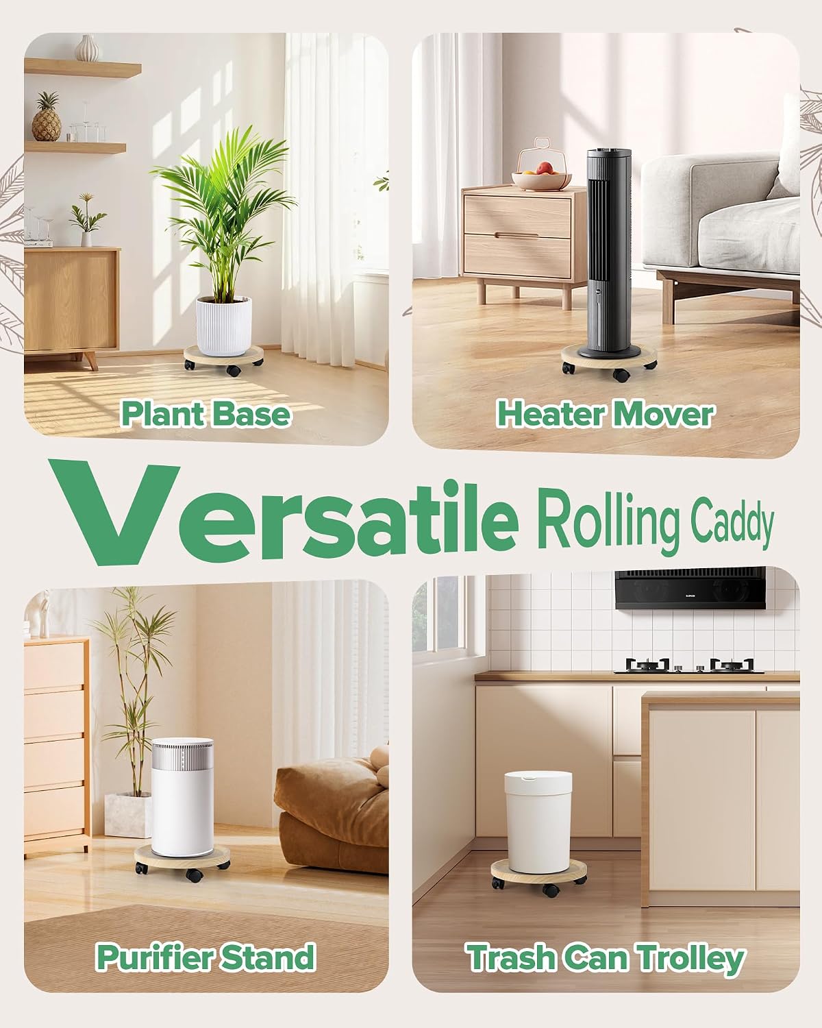 2 Pack Plant Caddy With Wheels, 14" Wood Rolling Plant Stand with 360° Lockable Wheels, Plant Stands Outdoor for Large