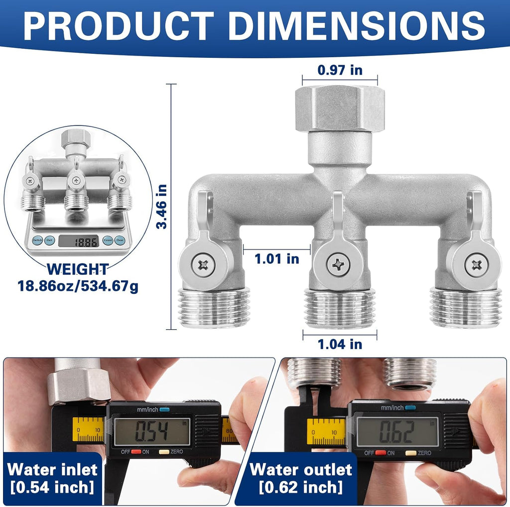 304 Stainless Steel 3 Way Garden Hose Splitter, Heavy Duty Hose Bib Splitter with 3 Shut Off Valves, High Flow Outdoor