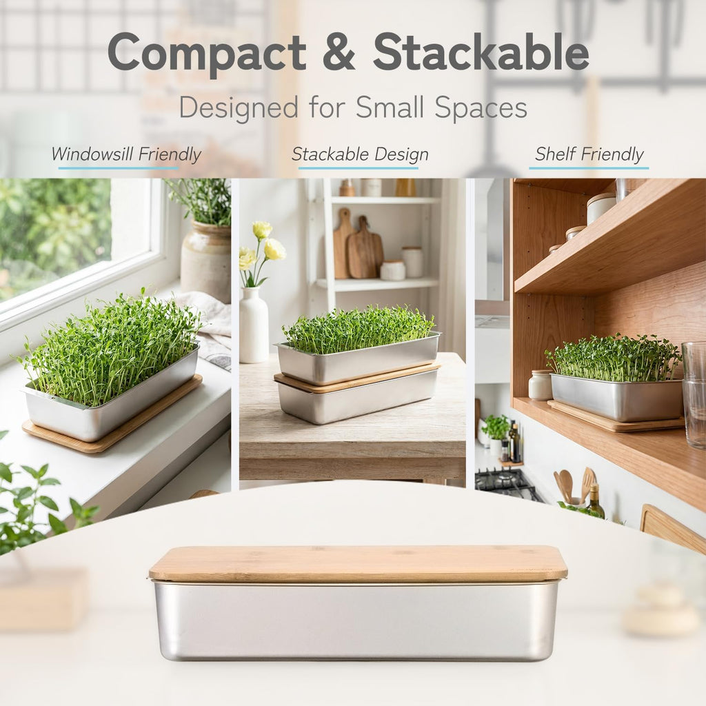 Microgreens Growing Kit – Stackable Stainless Steel Sprouting Tray with Wood Lid, Sprouts Growing Kit for Indoor