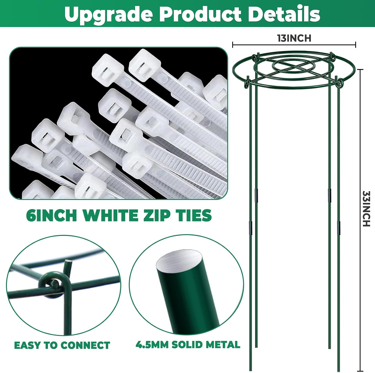 QwayHome 6Pack Peony Cages and Supports 33''H x 13''D Grow Through Large Plant Support, Adjustable High, Heavy Duty
