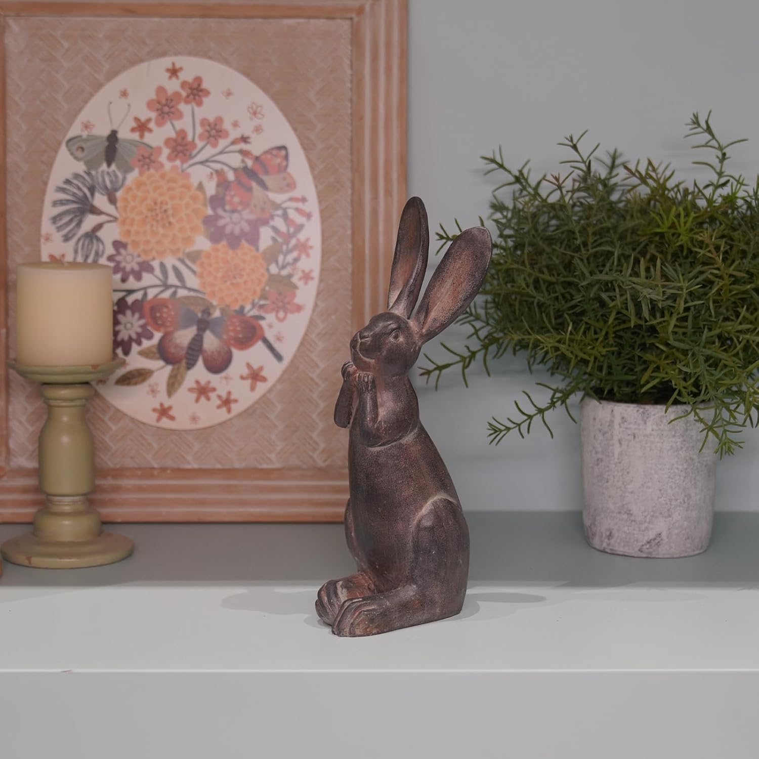 DiliComing Bunny Garden Decor 11 Inch Brown Resin Rabbit Outdoor Statue | Animals Yard Decorations, Cute Cheeky Bunny