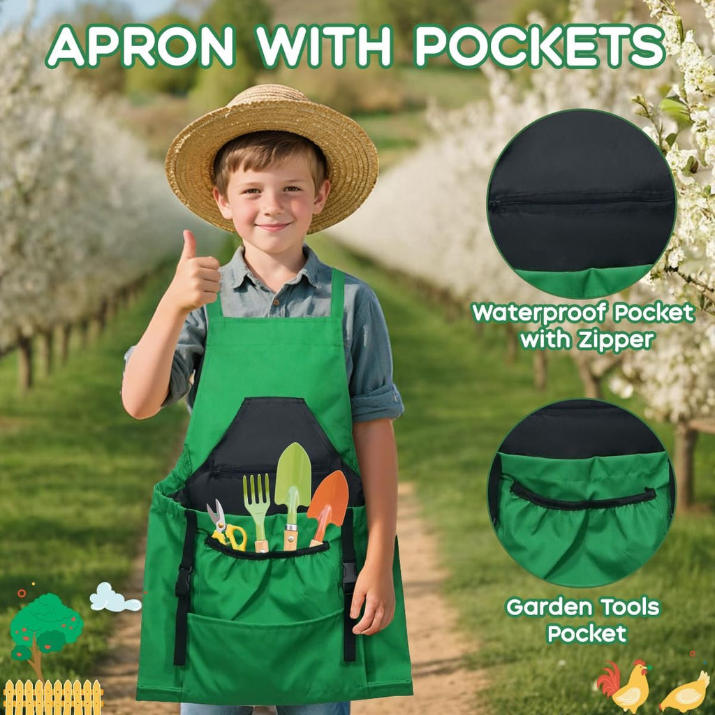 Kids Gardening Apron,Canvas Garden Apron with Pockets and Harvesting Pouch for 6-12 Grils and Boys