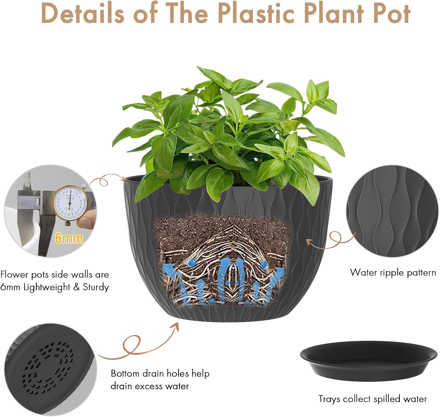WSMKSZ 12 Inch Large Plant Pots for Indoor or Outdoor Plants, Wide Water Ripples Flower Pots with Drainage Holes &