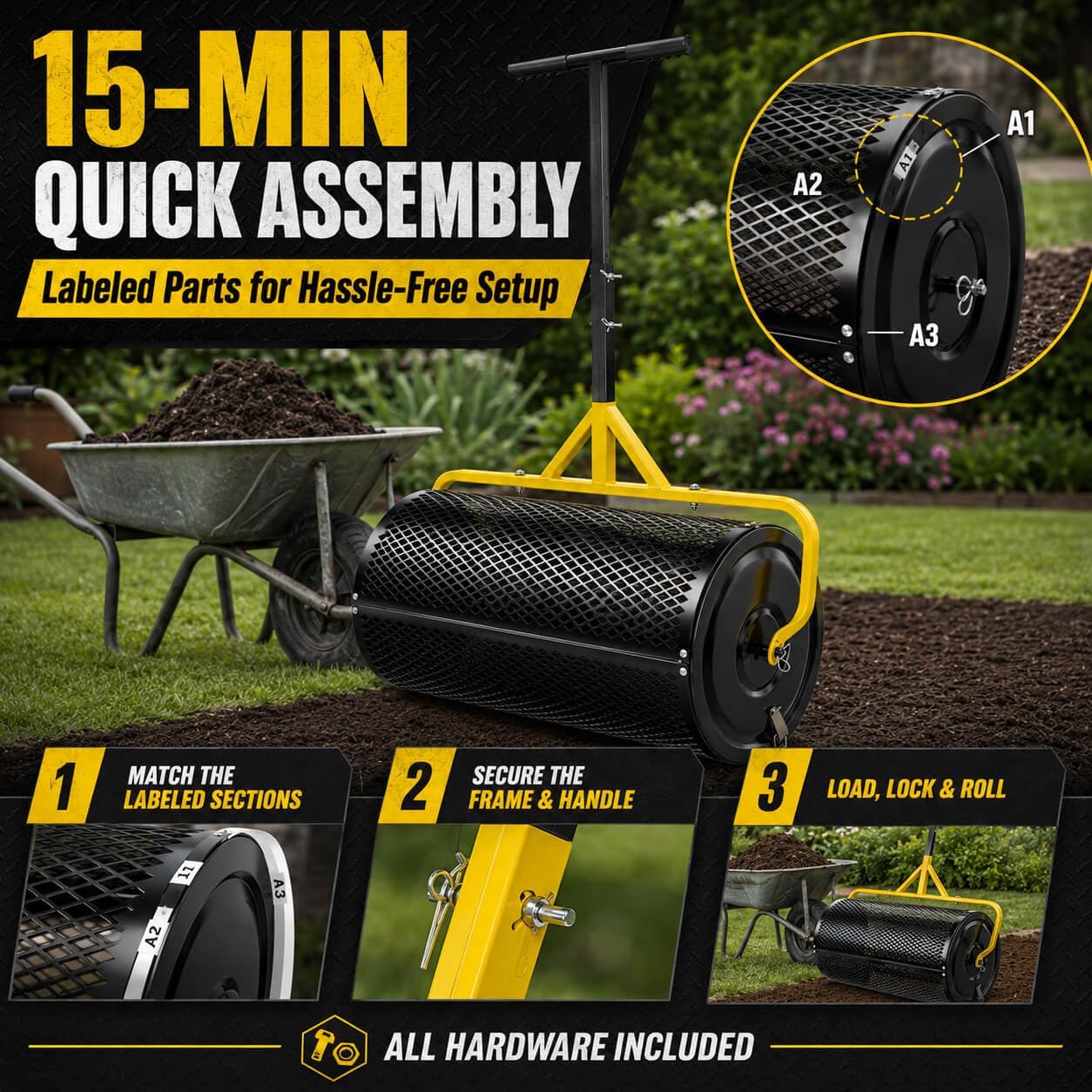 30 Inch Compost Spreader, Peat Moss & Lawn Top Dressing Spreader | 26 Gal (99L) Heavy Duty Metal Mesh Roller, Welded