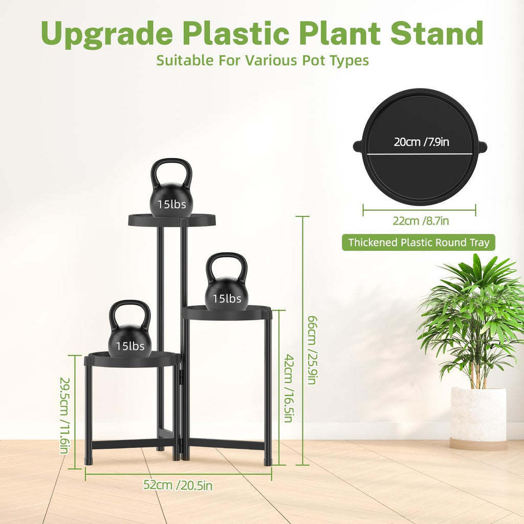 iDavosic.ly 3 Tier Folding Plant Stand Indoor Outdoor, Plastic Tray, Black | Space Saving Tiered Corner Storage Display