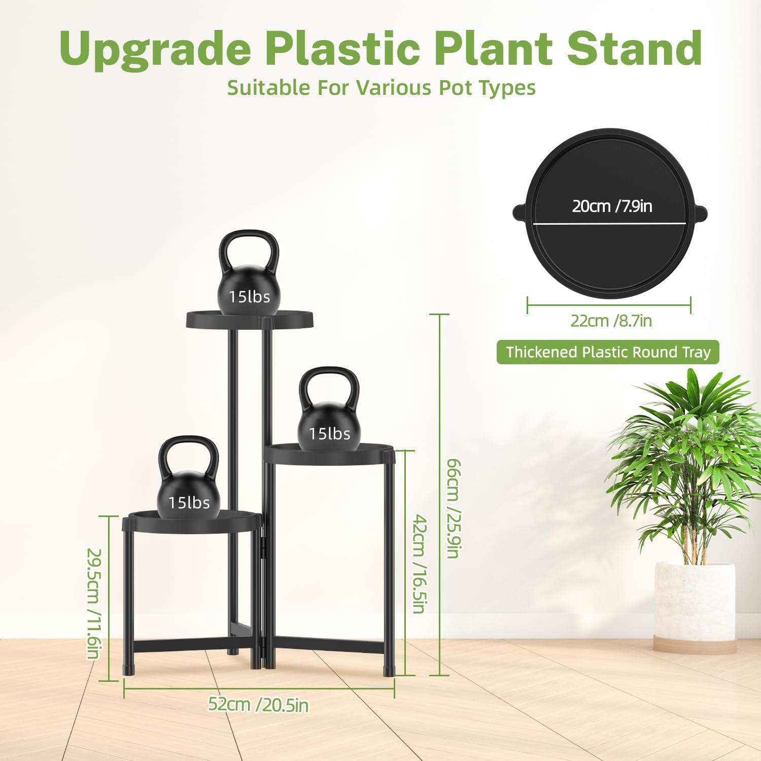 iDavosic.ly 3 Tier Folding Plant Stand Indoor Outdoor, Plastic Tray, Black | Space Saving Tiered Corner Storage Display