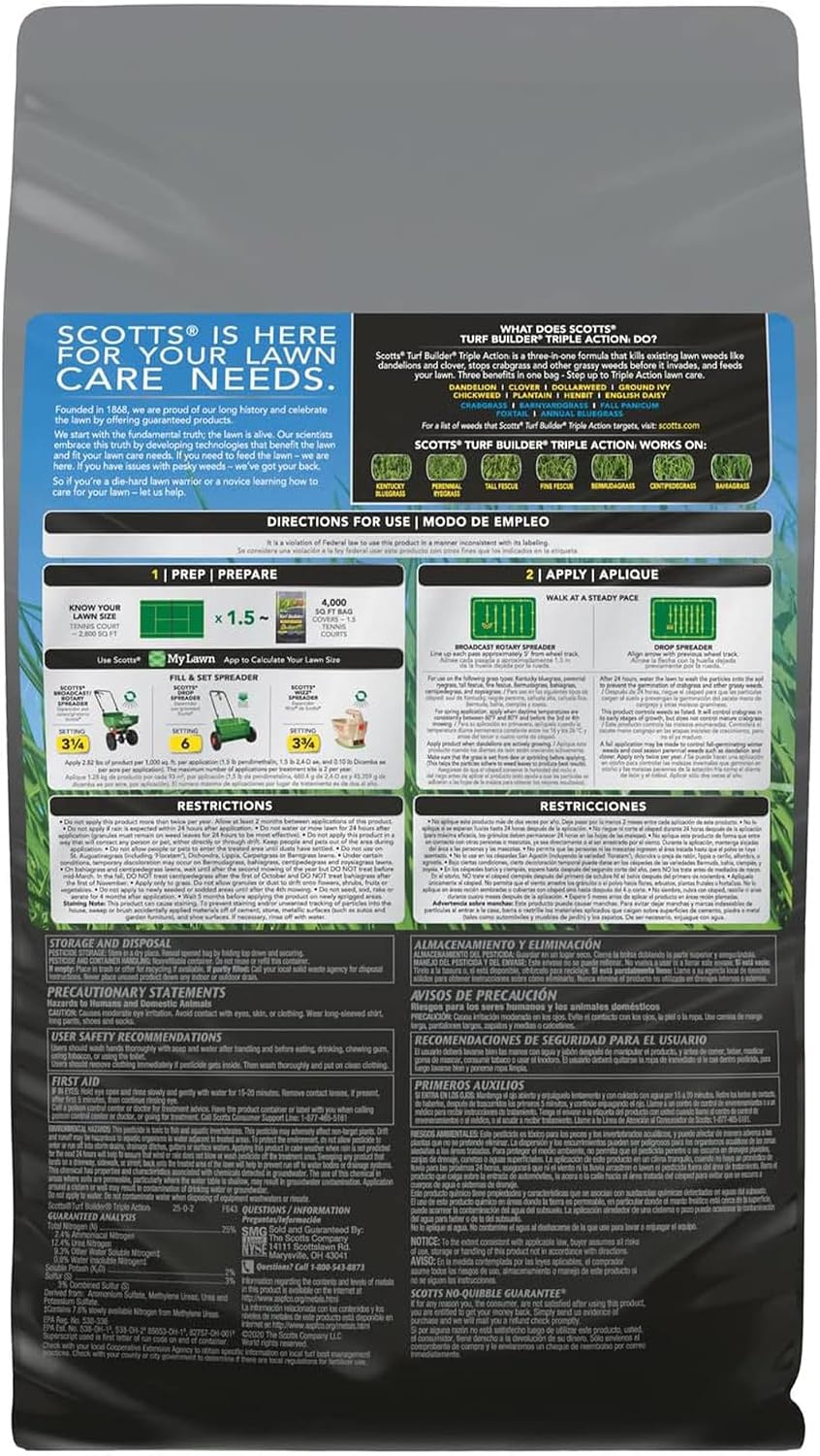 Scotts Turf Builder Triple Action1, 11.31 lb. | Weed Control, Lawn Weed Killer, Crabgrass Preventer, and Grass