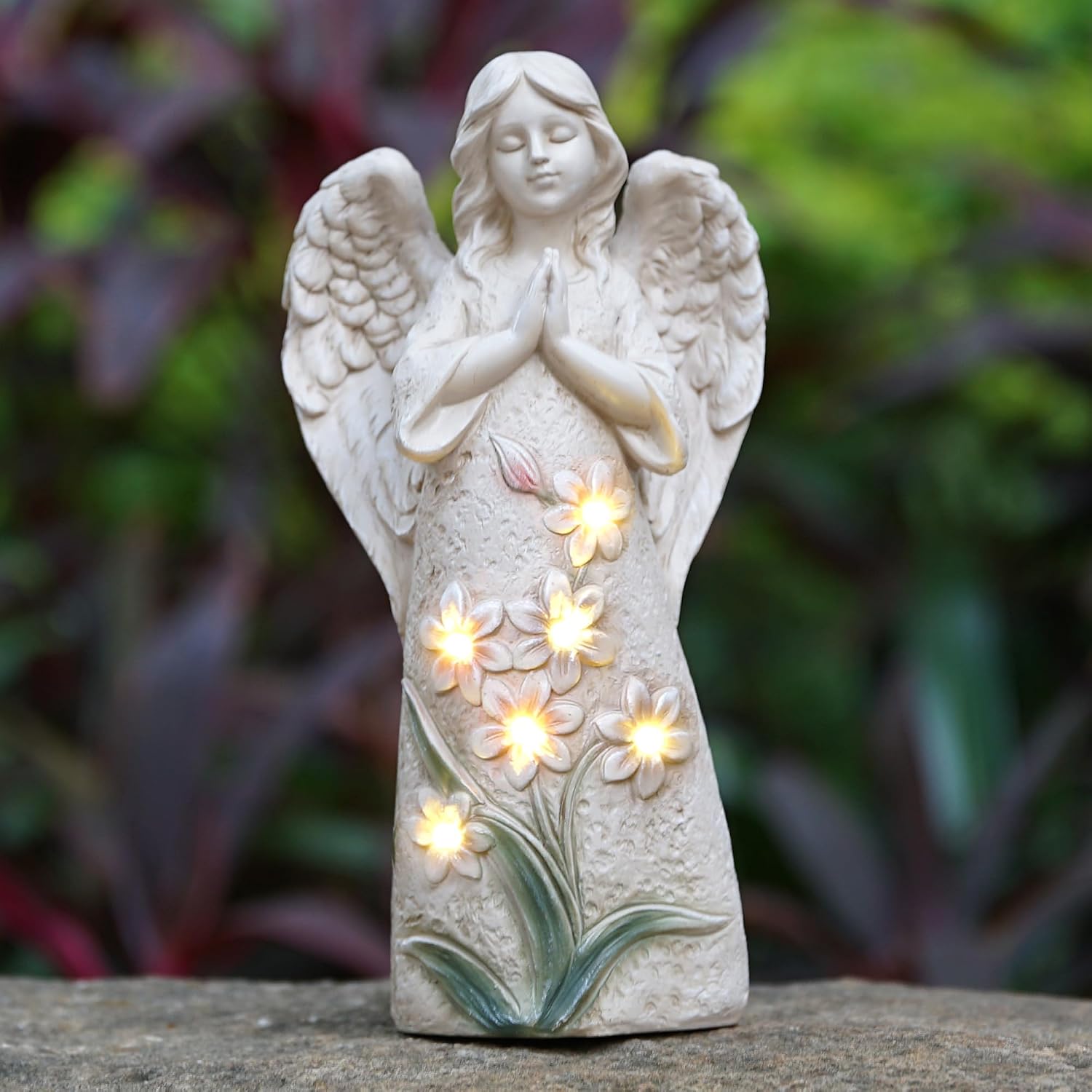 Solar Angel Garden Statue, 9.6 Inch Outdoor Decor with 6 LED Lights | Warm solar glow and a praying angel design for