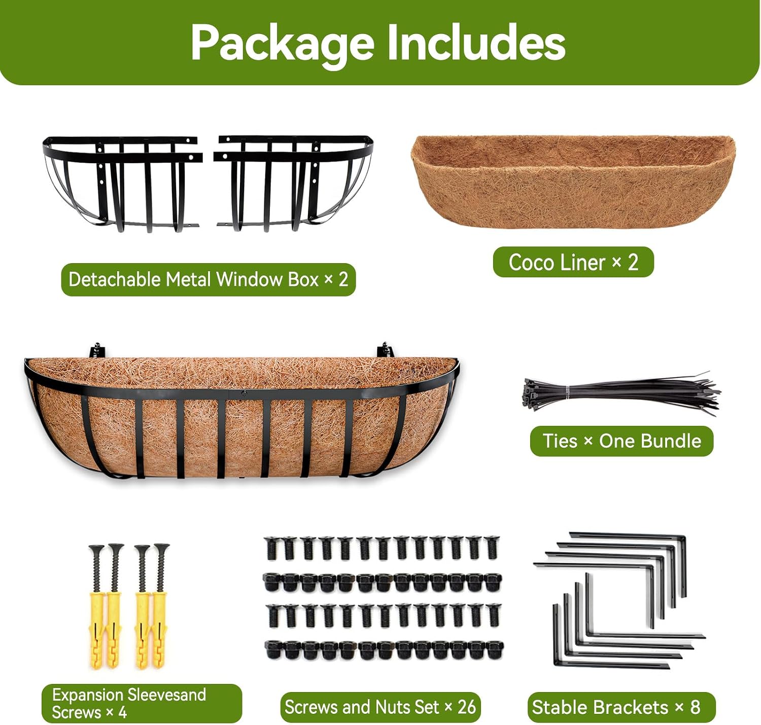 Halatool 24 Inch Railing Planter Box, 2 Pack Trough Planter Box for Outdoor | Natural Coco Liner, Heavy Duty Metal with