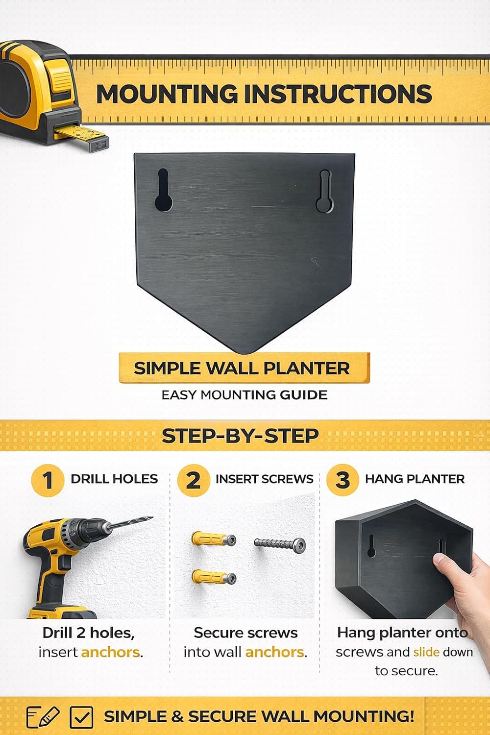 Vertical Garden Wall Planters – 2-Pack Modern Matte Black Geometric Pots for Indoor Plants, Wall Vase, Indoor and