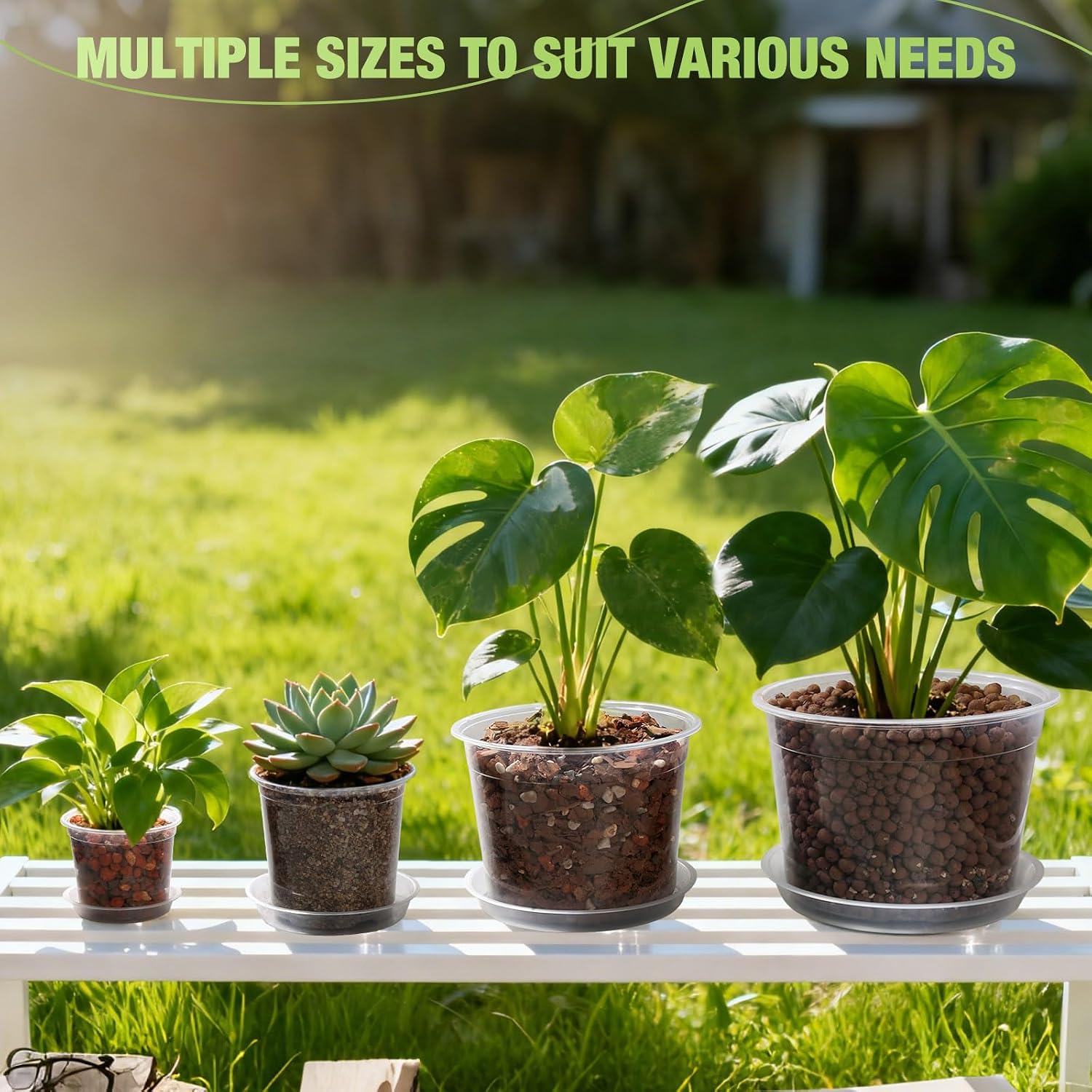 10/8/6/4 Inch Clear Nursery Pots with Drainage Holes and Saucers, 12 Pack Large Clear Pots for Plants Variety Pack