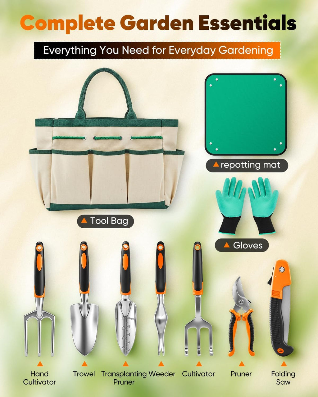 Garden Tool Set Gardening Tools - Heavy Duty Aluminum Tool Kit with Non-Slip Handle, Gardening Gloves and Tool Bag for