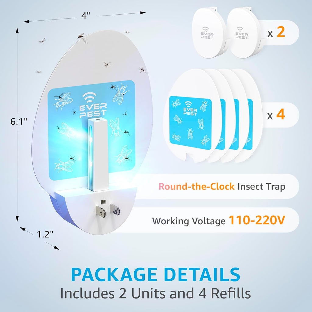 Indoor Electric Fly Trap (2-Pack) – Plug-in Insect Catcher with 4 Glue Cards for Fruit Flies, Gnats, Moths & Mosquitoes