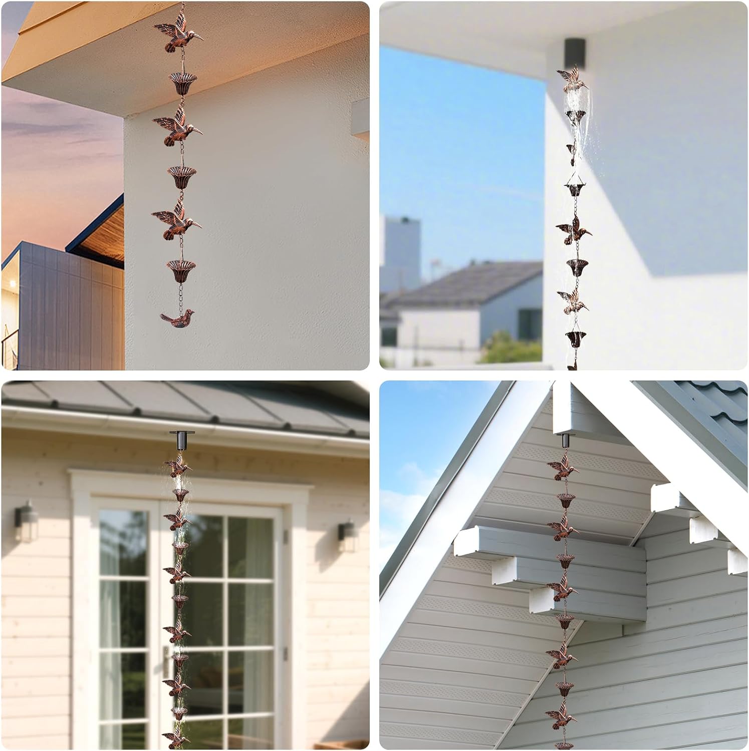 Rain Chain for Gutters,8.5FT Rain Catcher Chain for Outside with 7 Metal Cups & Hummingbird Decor,Adjustable Hanging