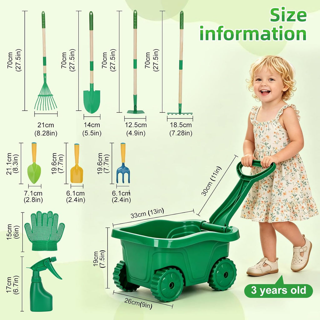 10pcs Kids Gardening Tools Set - Wheelbarrow Set for Kids3-8 | Wheelbarrow Toys with Shovel,Rake,Hoe and Watering,STEM