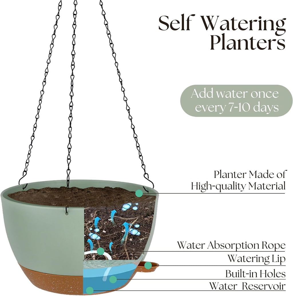 TYMENSH Hanging Plant Pots 12 Inch Set of 2, Self Watering Hanging Planters with Drainage Holes, Removable Saucer