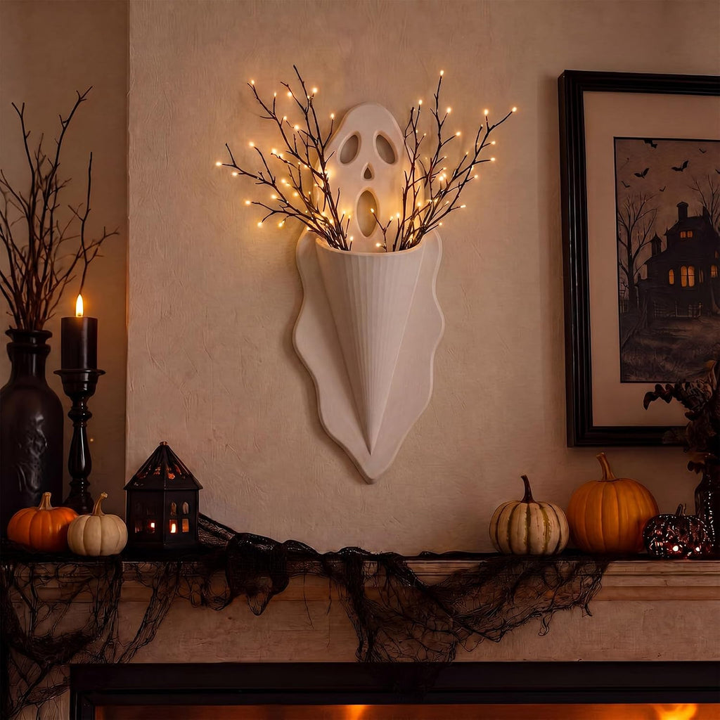 Halloween Ghost Wall Planter 13.4'' White Ghost Scream Face Resin Wall Vase Spooky Hanging Pocket Planter for Plants