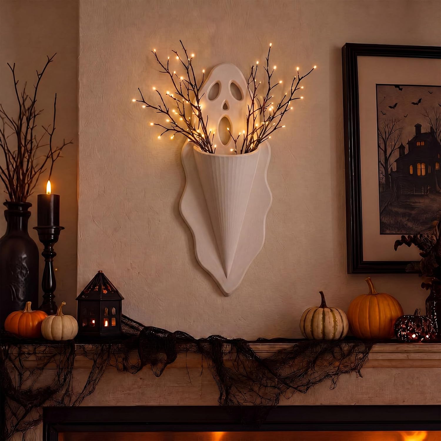 Halloween Ghost Wall Planter 13.4'' White Ghost Scream Face Resin Wall Vase Spooky Hanging Pocket Planter for Plants