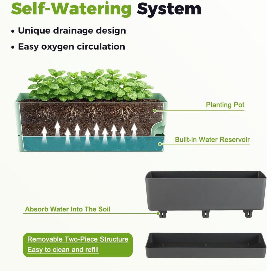2 Pack Rectangle Self Watering Pots for Indoor Plants 17 Inches Window Boxes Planters Rectangular Flower Pots Herb