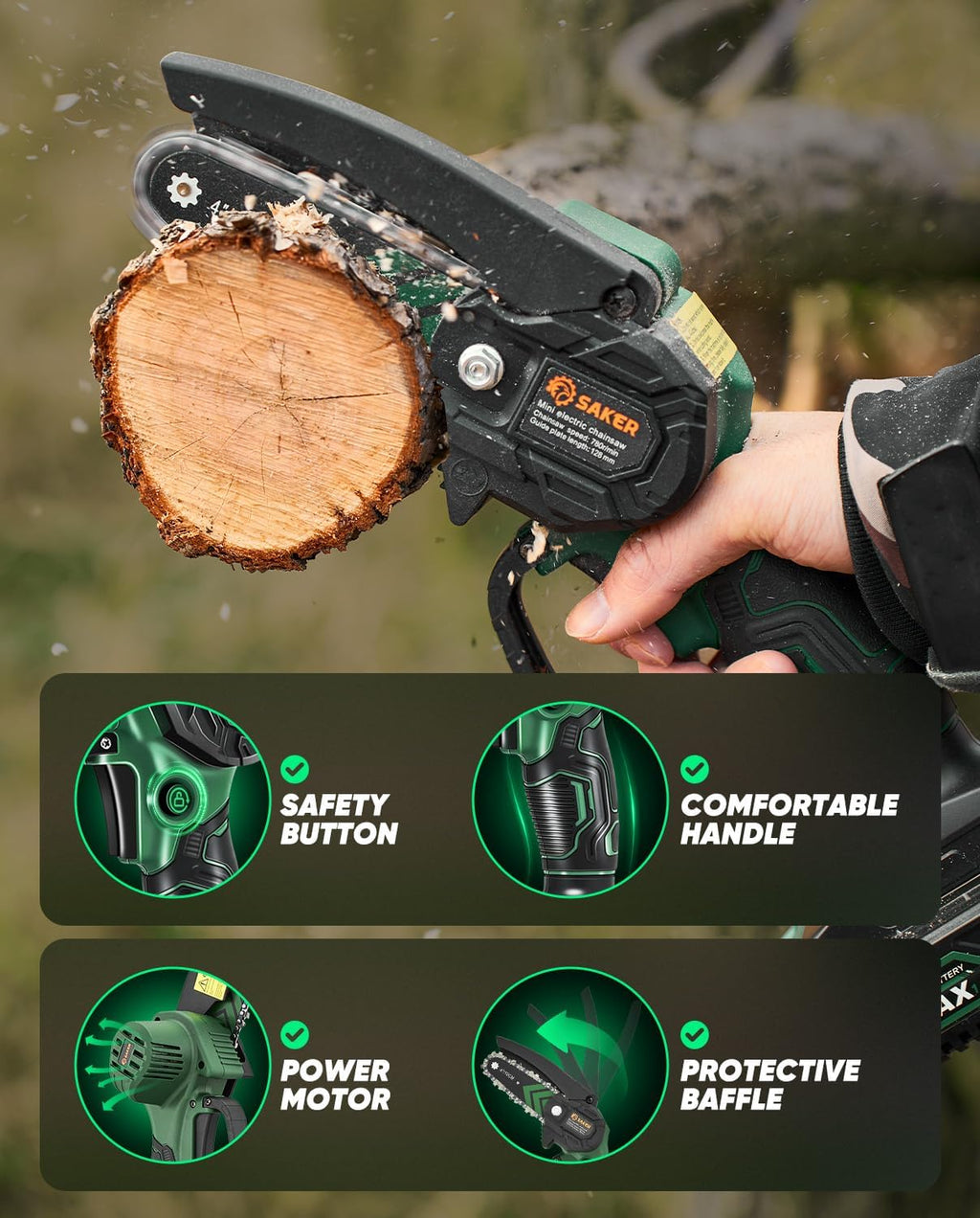 Saker Mini Chainsaw Electric with 2 Batteries Green | Cordless and Portable Chain Saw Battery Powered,Handheld Chain