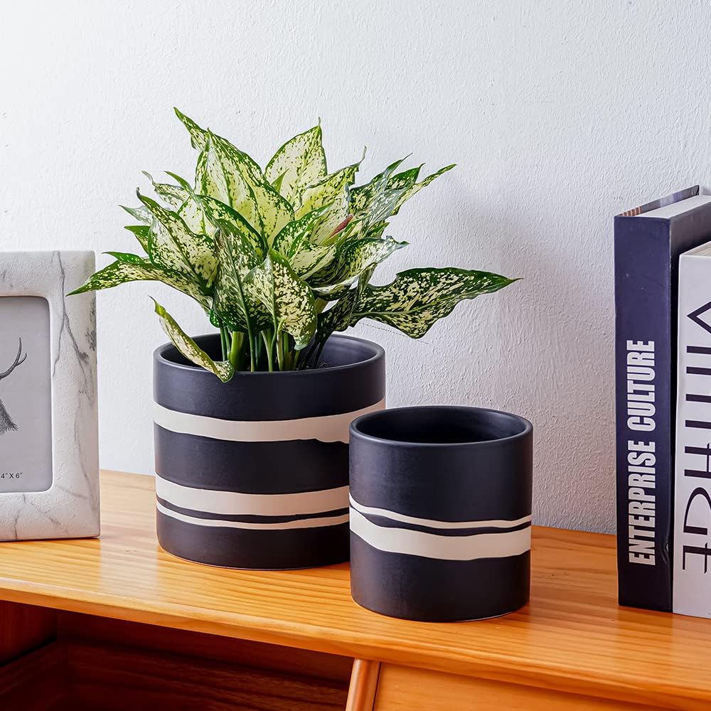 Nihow Ceramic Modern Plant Pot with Drainage for Indoor Plants,5+7 inch | set of 2,Black,Cylinder Flower Pot with