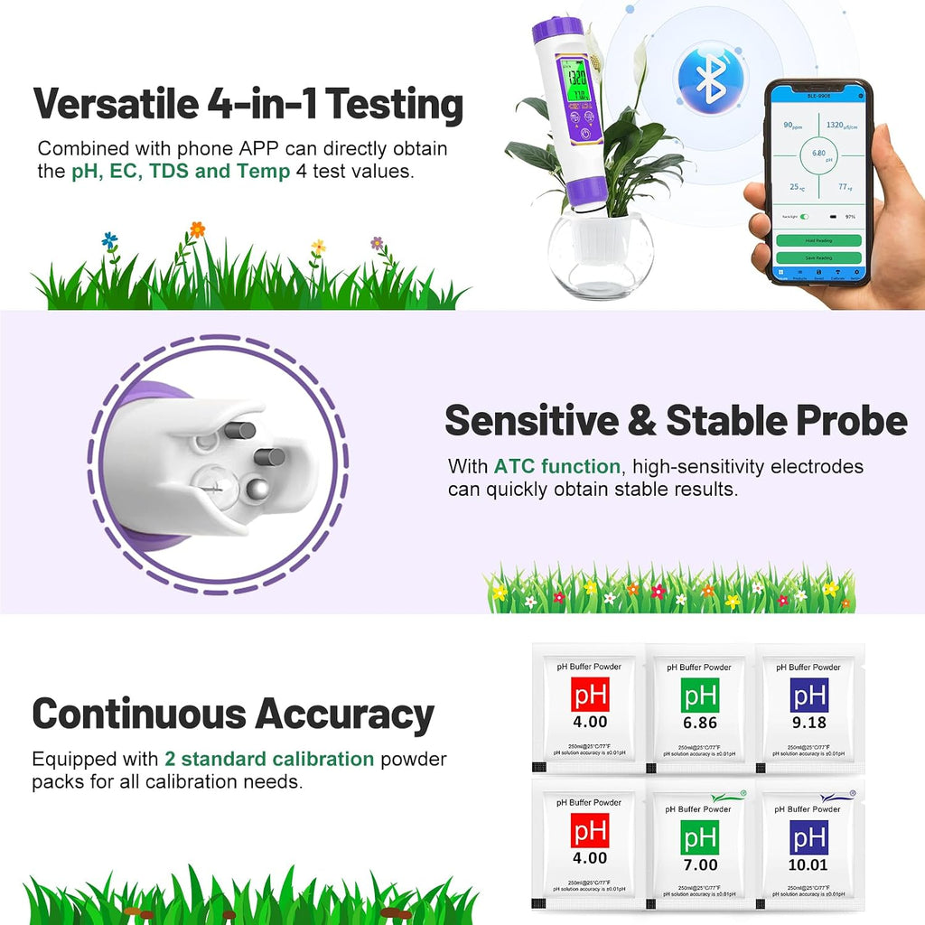 Smart pH Meter for Water pH and EC Meter for Hydroponics Nutrients | 4 in 1 Digital pH and PPM Tester for Reservoir