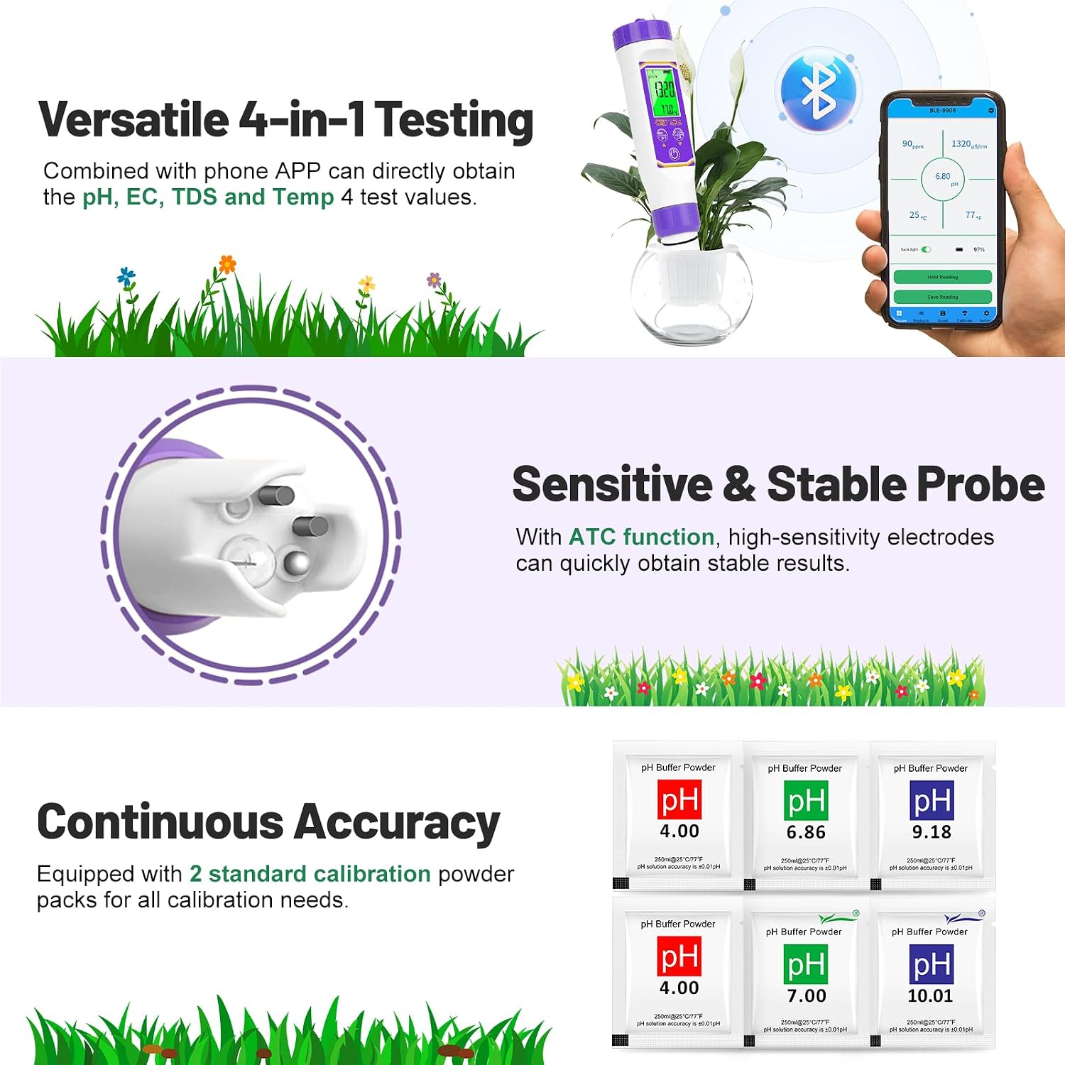 Smart pH Meter for Water pH and EC Meter for Hydroponics Nutrients | 4 in 1 Digital pH and PPM Tester for Reservoir