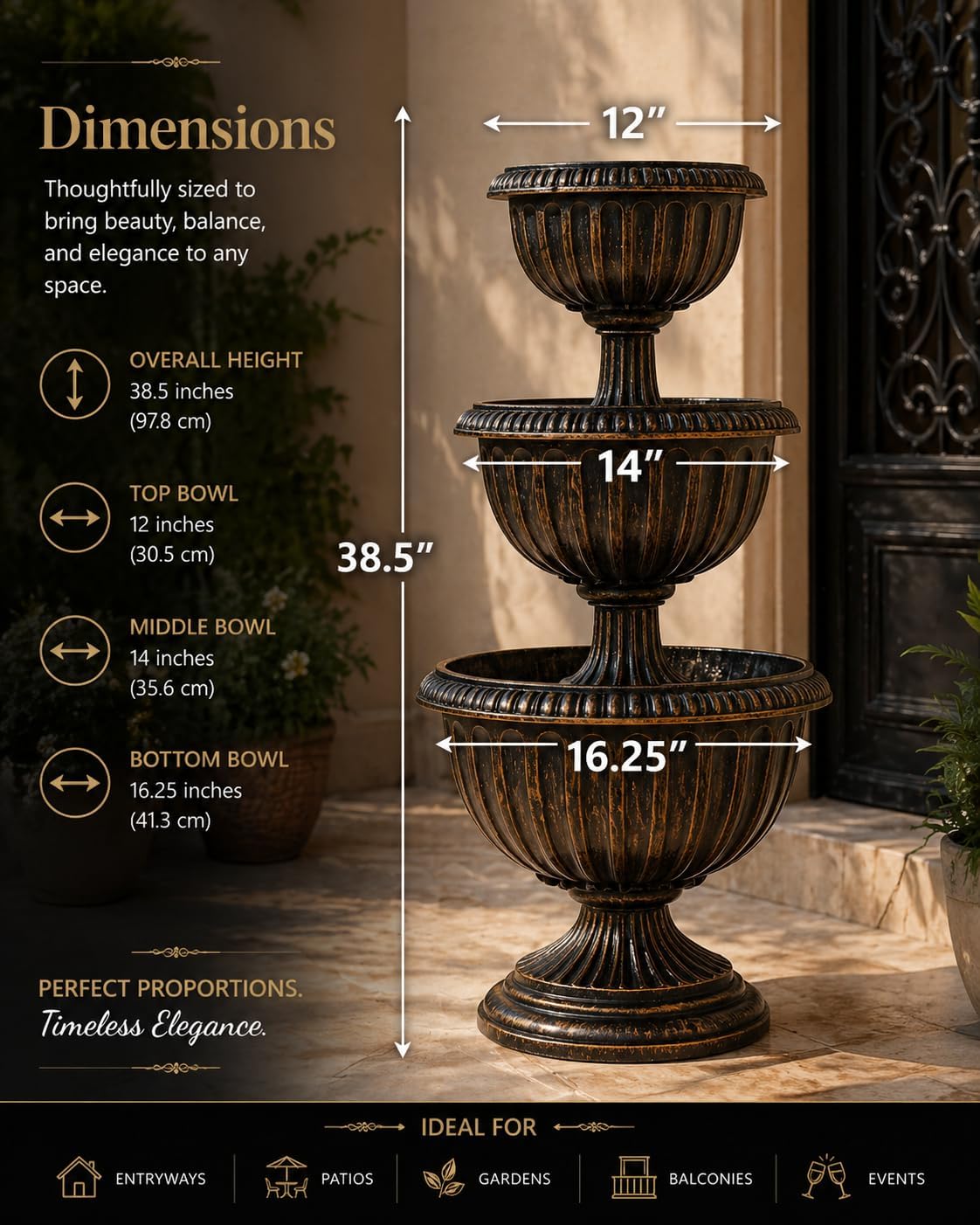 Outdoor Garden Triple Stacked Flower Bowl Urn Tier Planter Decoration, Bronze