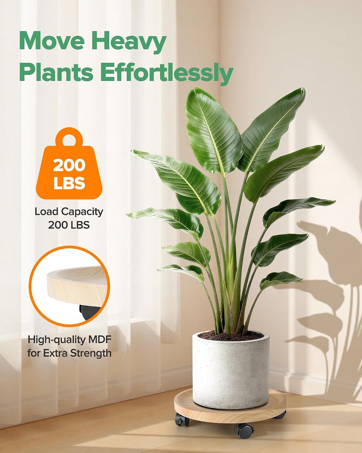 2 Pack Plant Caddy With Wheels, 14" Wood Rolling Plant Stand with 360° Lockable Wheels, Plant Stands Outdoor for Large