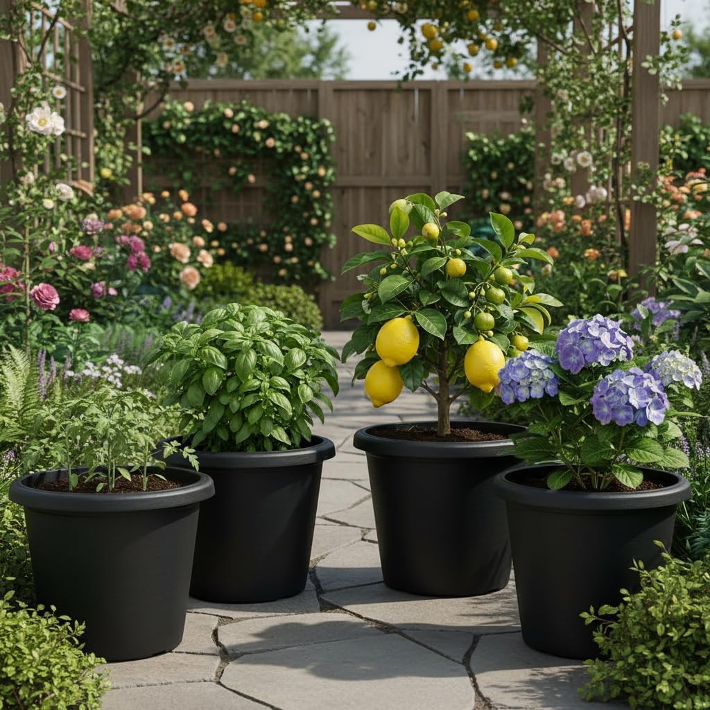 4 Pack 16 Inch Large Planters for Outdoor Plants with Drainage Holes | 16"Wx12" Tall, 30L Capacity Heavy-Duty Plastic