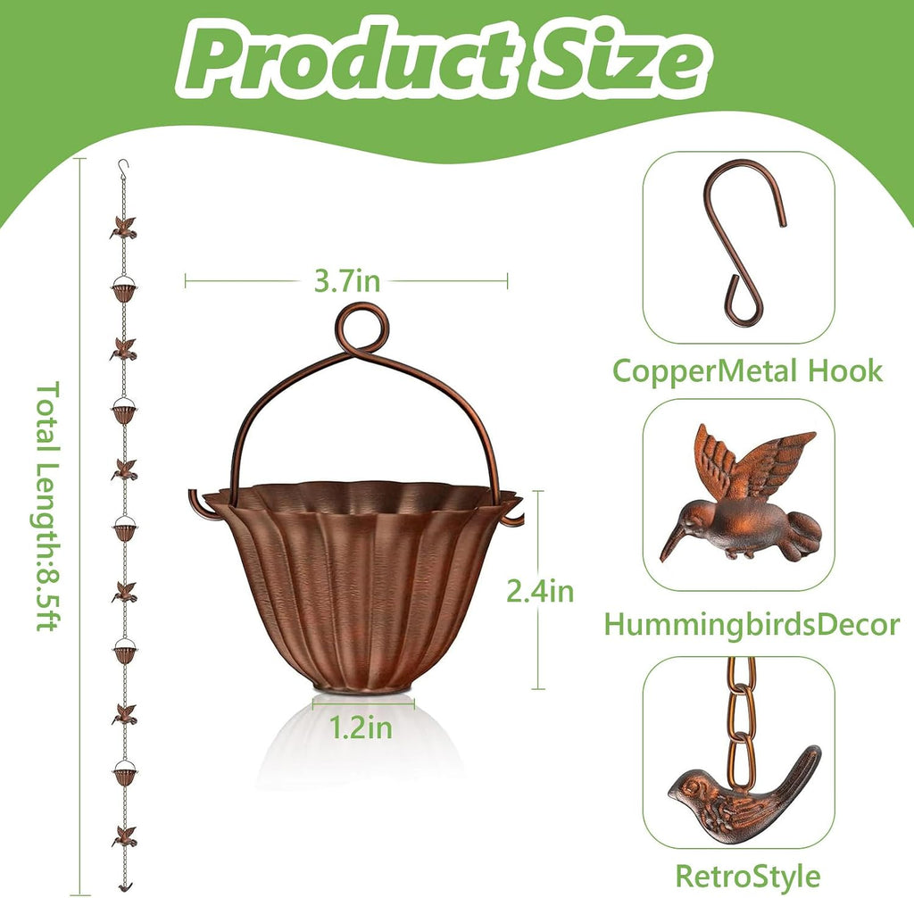 8.8ft Copper Rain Chains - Hummingbird Rain Chains for Gutters | Adjustable Decorative Steel Hanging Rain Hutter with 6