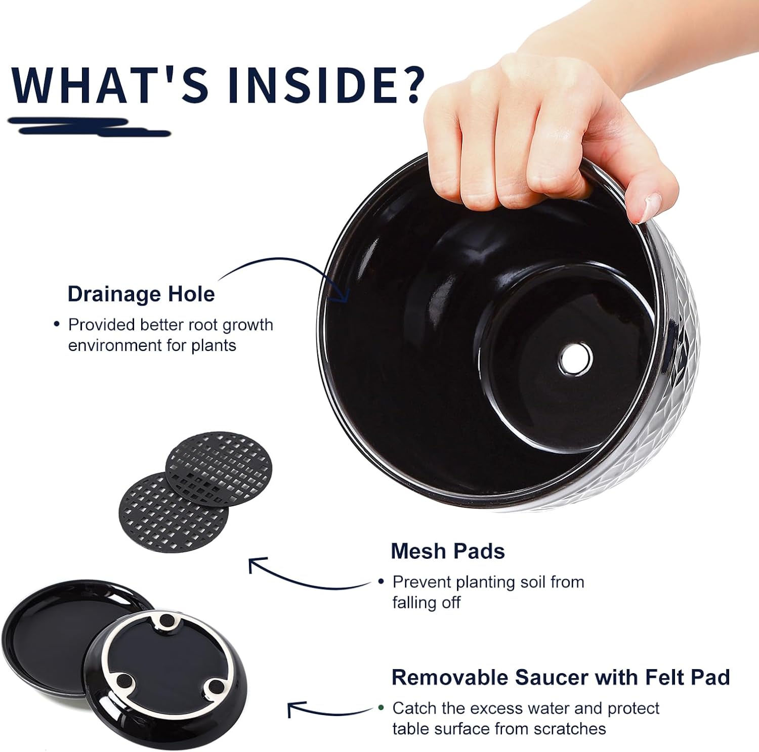 Sureasy Ceramic Indoor Plant Pots - 5.6 Inch Flower Pots for Plants with Drainage Hole and Saucer, Embossed Planter for