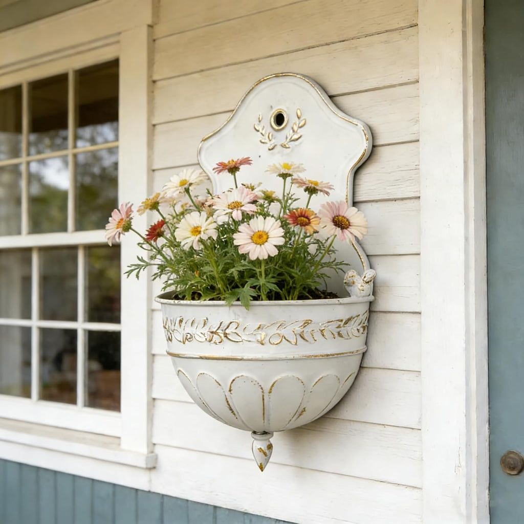 Vintage Distressed White Metal Wall Planter, Rustic Hanging Pocket Planter with Scrollwork & Scalloped Design