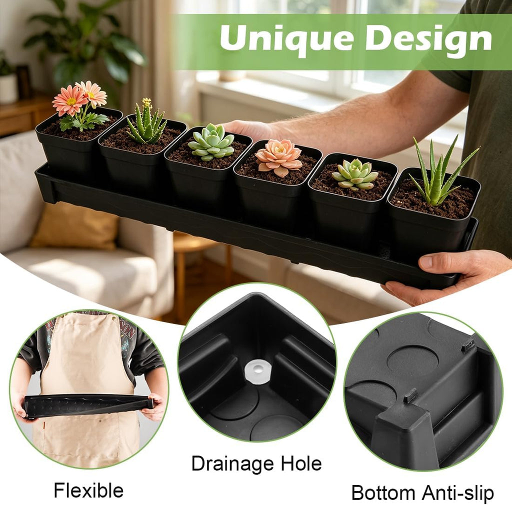 RooTrimmer 10 Pack Plastic Windowsill Saucer with 2.8 inch (7CM) Square Nursery Pots 60pcs, Rectangular Window Sill
