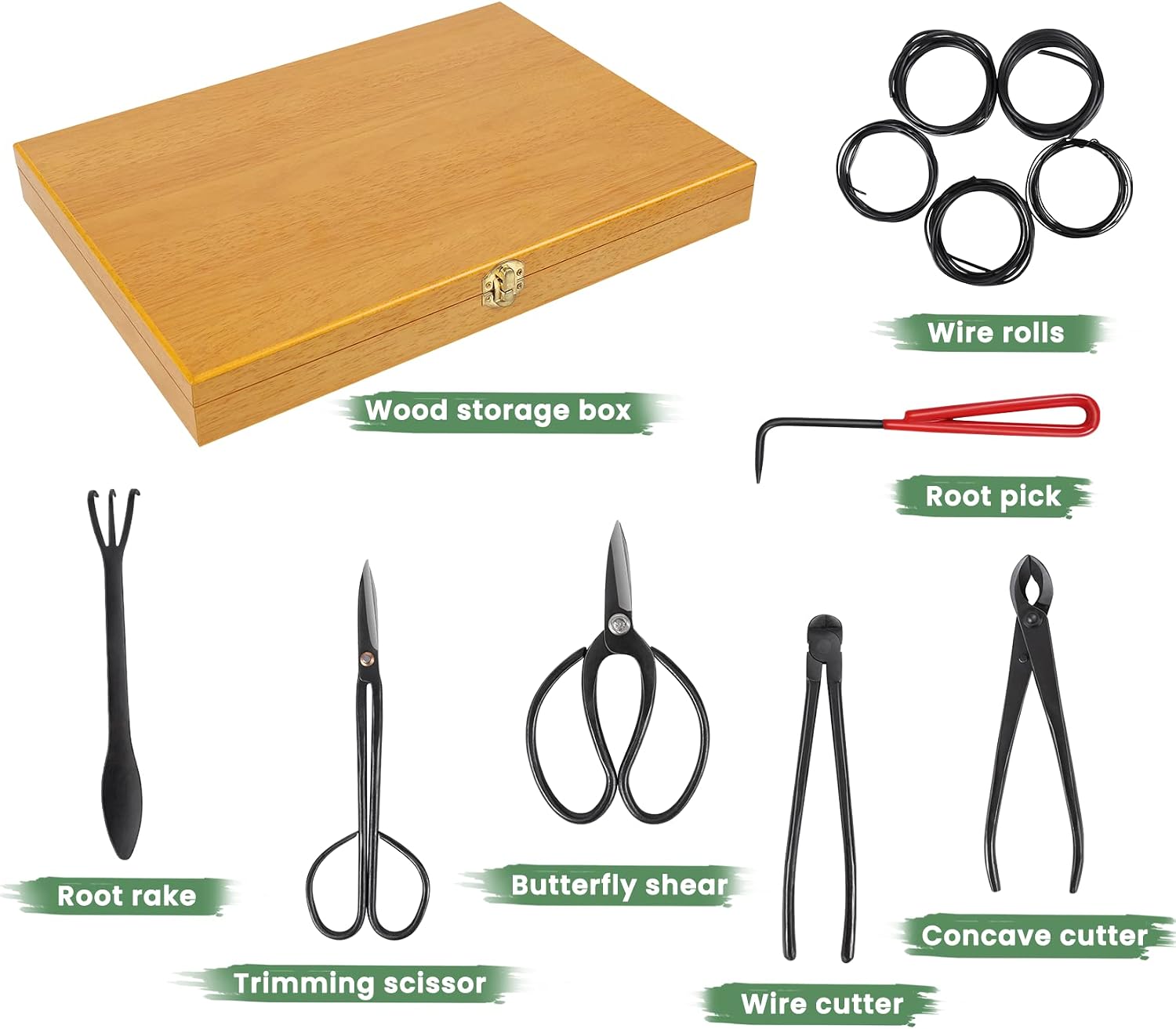 SOLIGT 12-Piece Bonsai Tools Set With Wood Box, Gift For Men Women | Heavy Duty Pruning Shear, Butterfly Shear, Concave