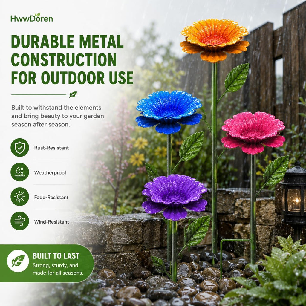 4 Pack Bee Watering Stations for Garden, Metal Flower Butterfly Feeders, Colorful Bee Bath Bowls with Adjustable Stakes