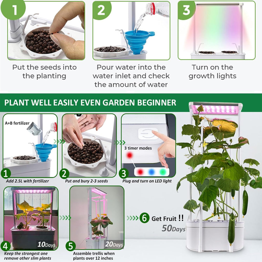 Tall Hydroponics Growing System kit with Height Adjustable Light & Trellis | Hydroponic Indoor Gardening System Tower