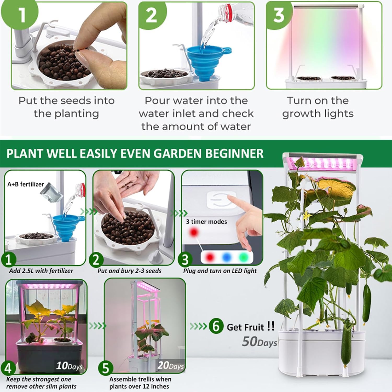 Tall Hydroponics Growing System kit with Height Adjustable Light & Trellis | Hydroponic Indoor Gardening System Tower